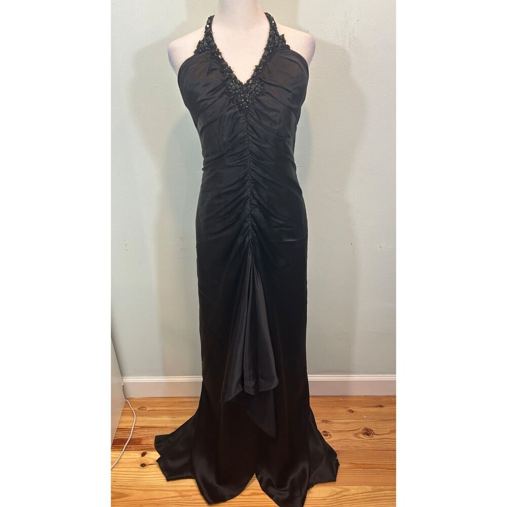 Niteline VTG 90's 100% Silk Black Halter Backless Maxi Dress Size 6/7 Formal